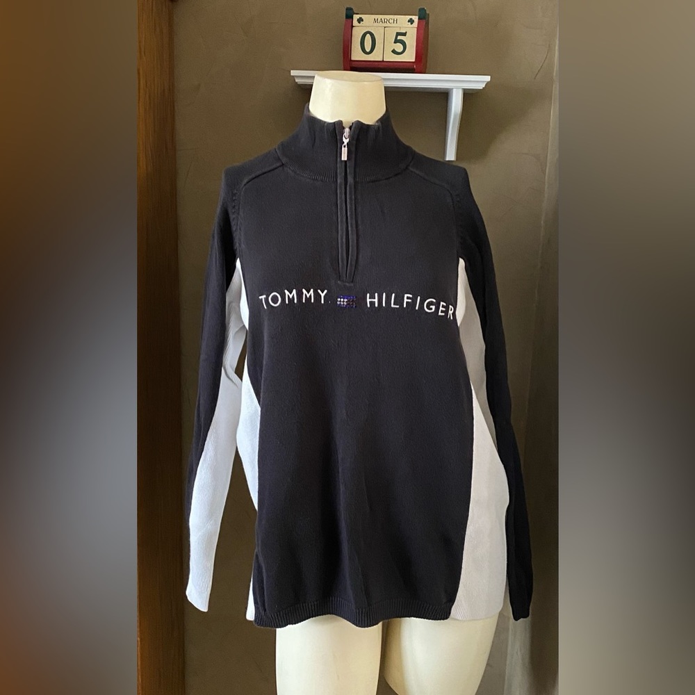 Vtg  Tommy Hilfiger Women Knitted Sweater Harrison quarter Zip Rhinestones Logo